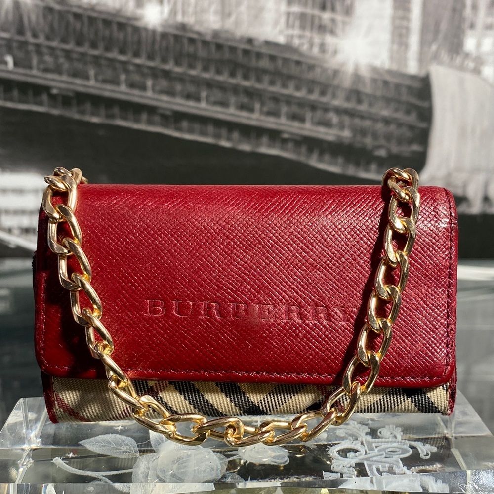 Authentic Rare Burberry Red Leather Nova Check Key Case